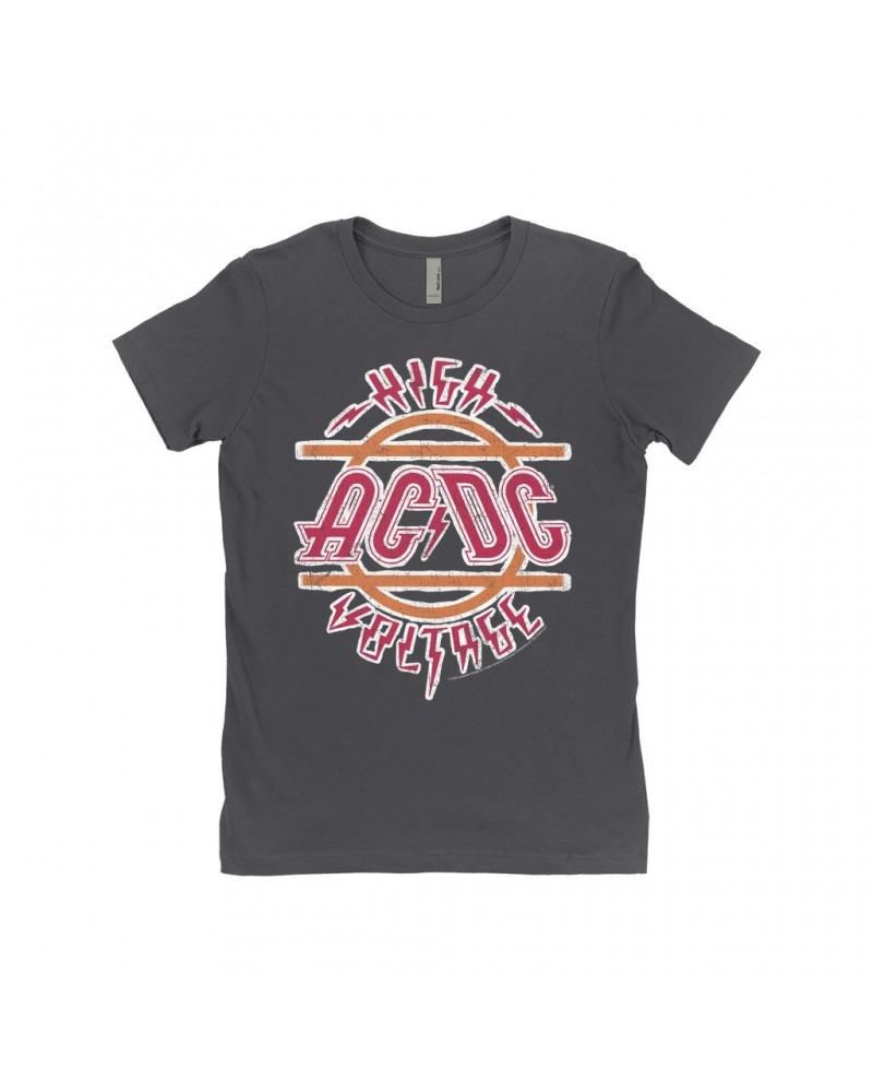 AC/DC Ladies' Boyfriend T-Shirt | Retro Red And Orange High Voltage Distressed Shirt $9.73 Shirts